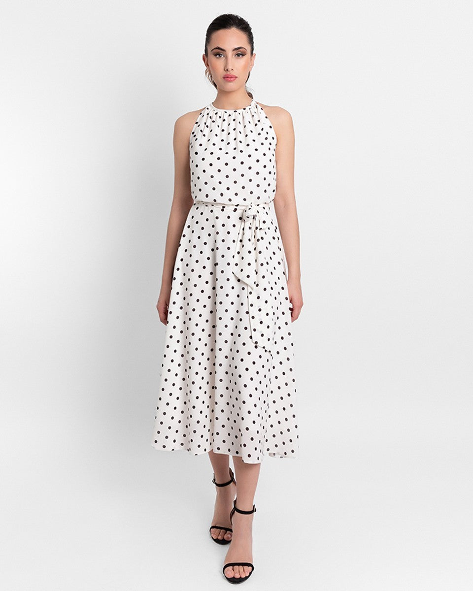 Vestido midi de gasa con estampado de lunares y escote Halter y lazada