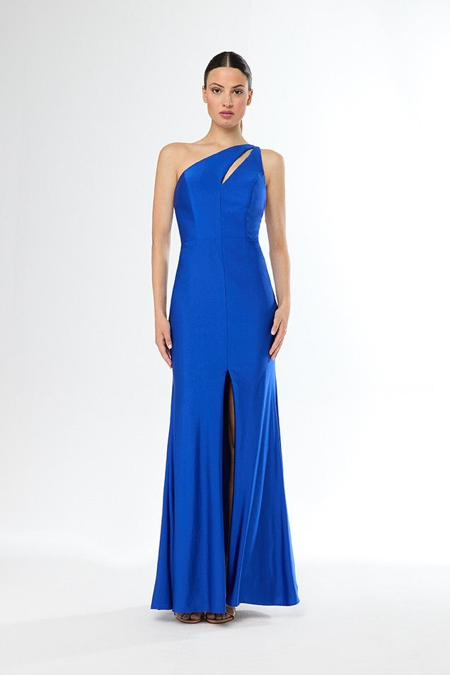 Vestido largo corte sirena de licra con escote asimétrico y tiras entrelazadas