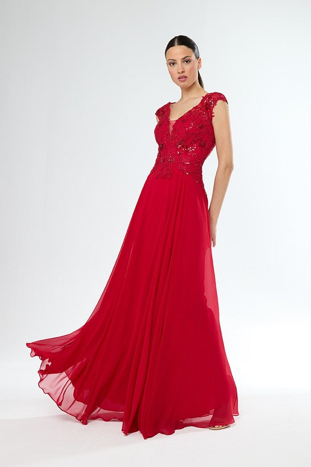 Vestido largo largo de encaje y gasa con escote profundo y manga corta