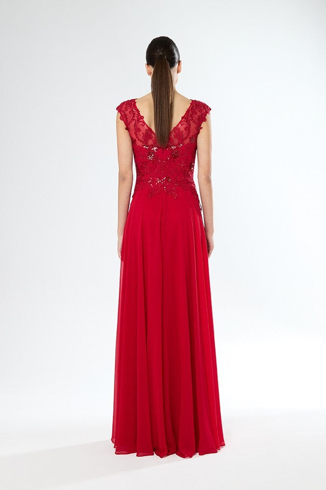 Vestido largo largo de encaje y gasa con escote profundo y manga corta