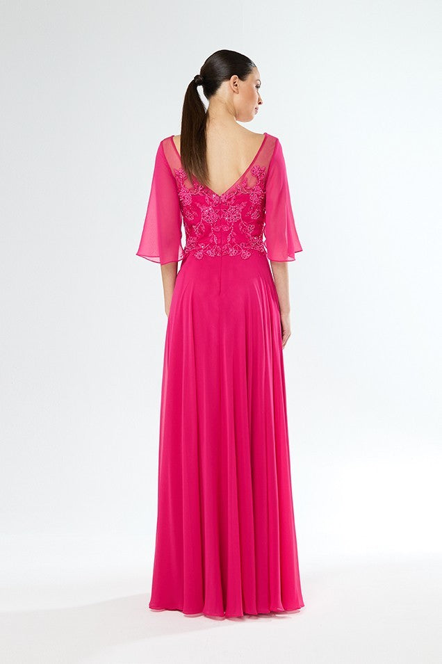 Vestido largo de gasa y encaje con manga de volantes y escote en V