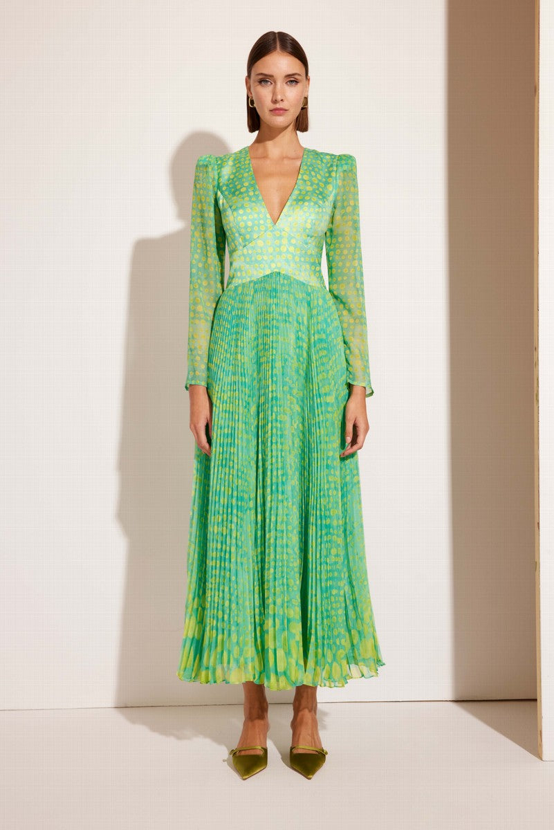 Vestido midi estampo print verde y falda plisada