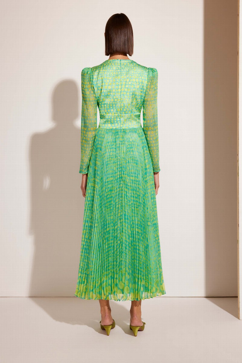 Vestido midi estampo print verde y falda plisada