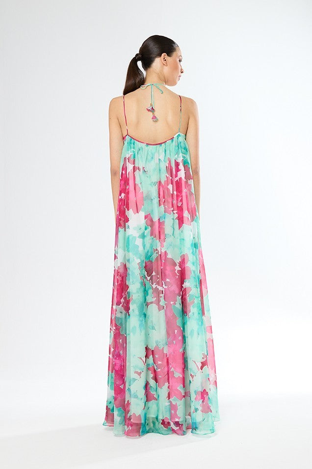 Vestido largo estampado con detalles de flores y amarre al cuello