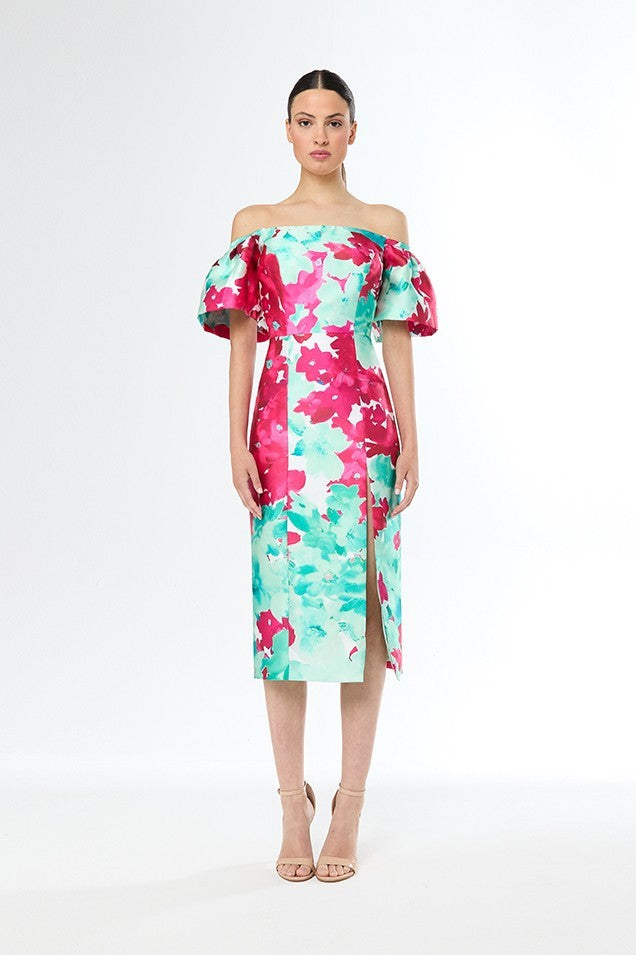 Vestido midi estampado de escote bardot manga corta con abertura lateral