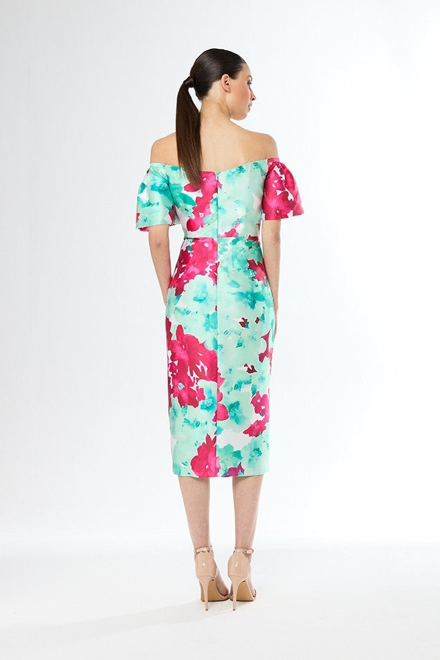 Vestido midi estampado de escote bardot manga corta con abertura lateral