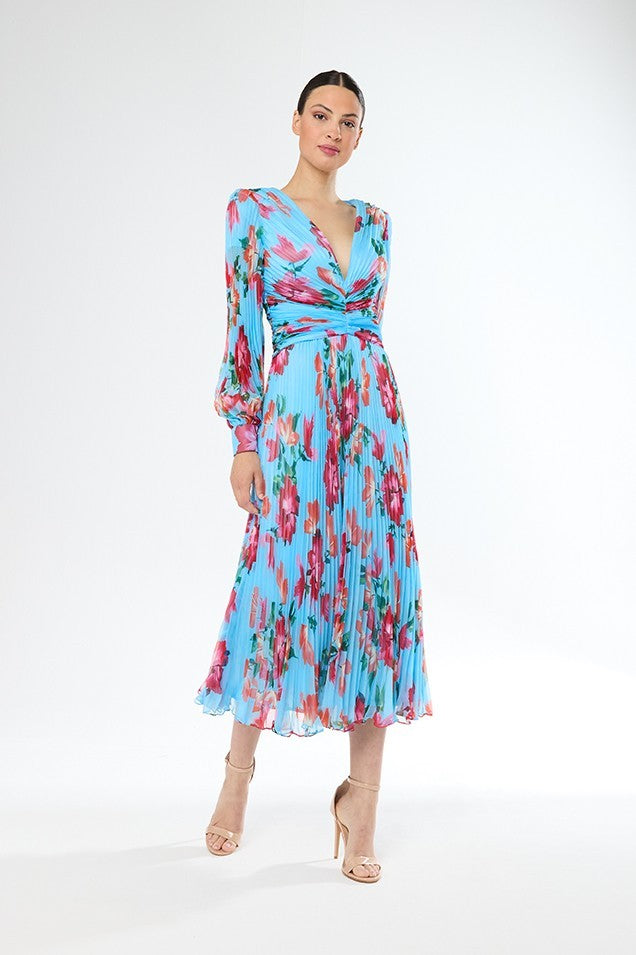 Vestido midi plisado y estampado de flores manga gigot