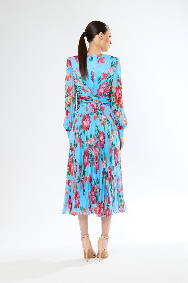 Vestido midi plisado y estampado de flores manga gigot