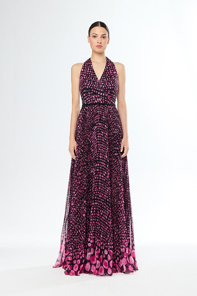 Vestido largo de lunares y pedrería con amarre al cuello y espalda descubierta