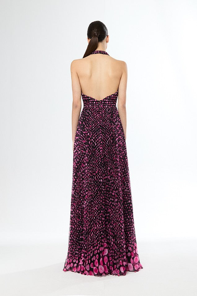 Vestido largo de lunares y pedrería con amarre al cuello y espalda descubierta