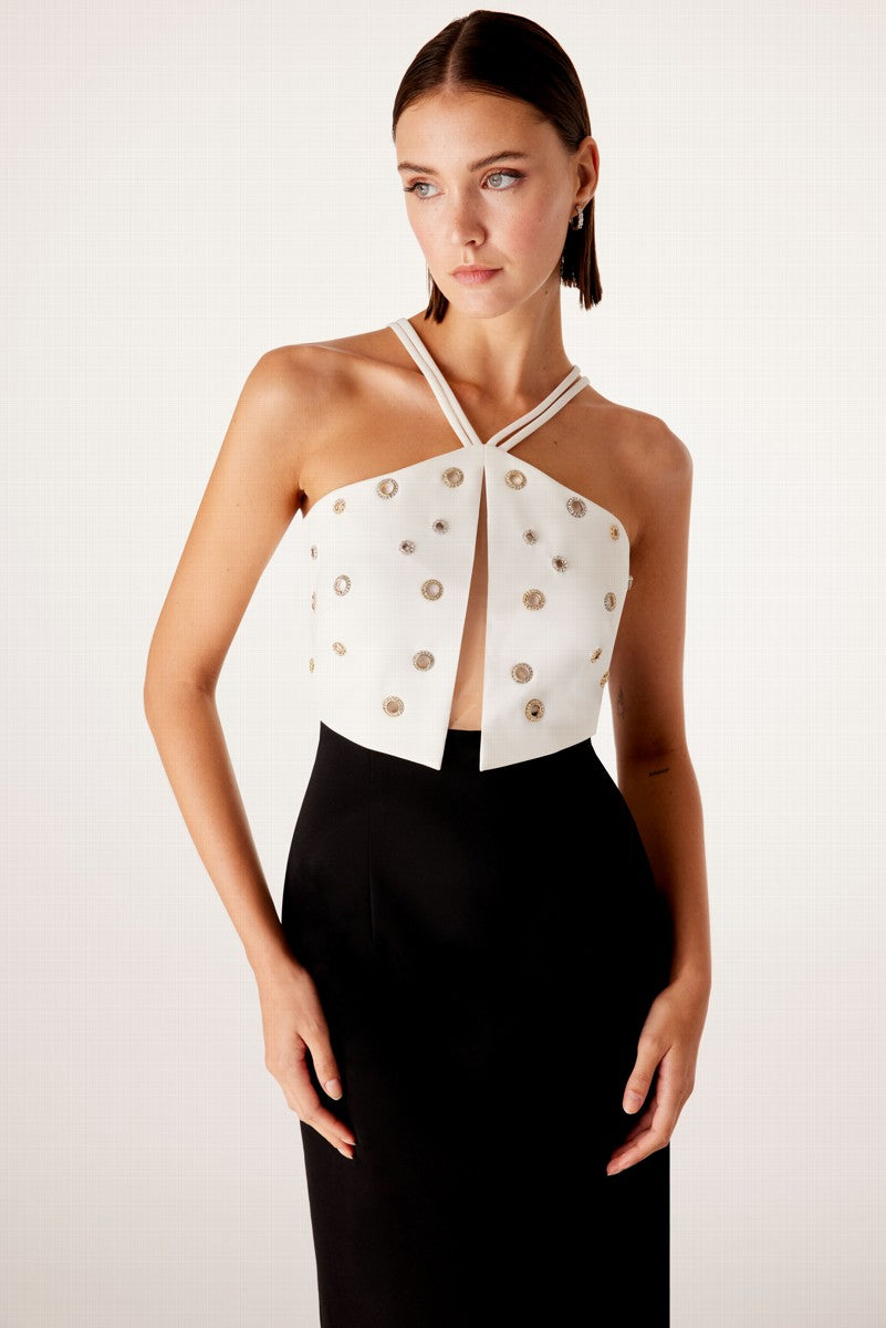 Vestido midi bicolor con círculos metálicos y escote Halter sin mangas