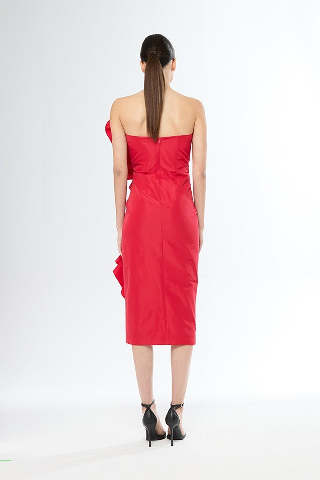 Vestido midi de volantes verticales palabra de honor sin mangas