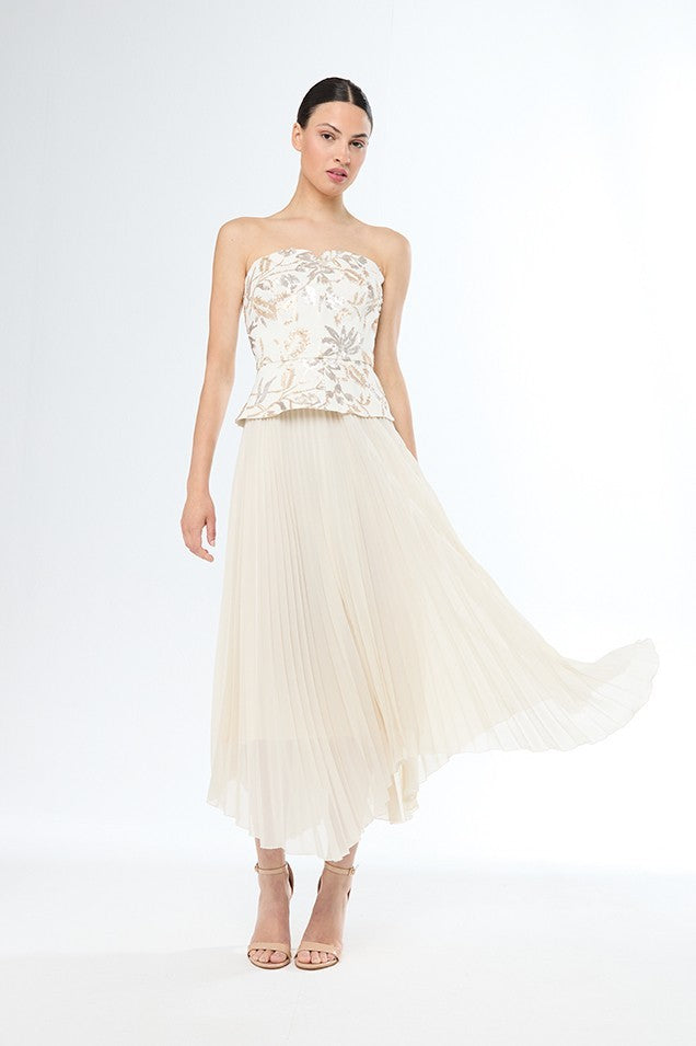 Vestido midi de corpiño estampado palabra de honor y plisado