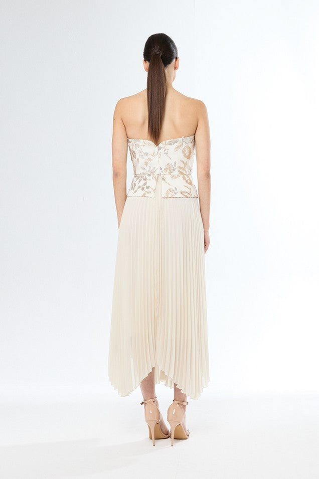 Vestido midi de corpiño estampado palabra de honor y plisado