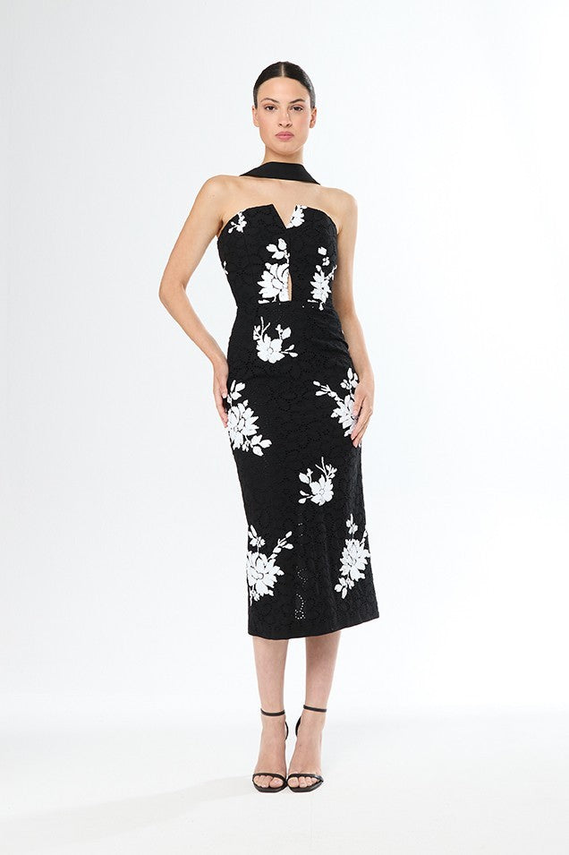 Vestido midi recto de flores con escote recto sin mangas y tira al cuello