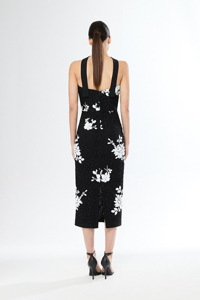 Vestido midi recto de flores con escote recto sin mangas y tira al cuello