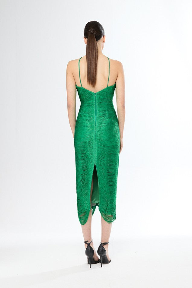 Vestido midi de tubo sin mangas con flequillos y escote Halter