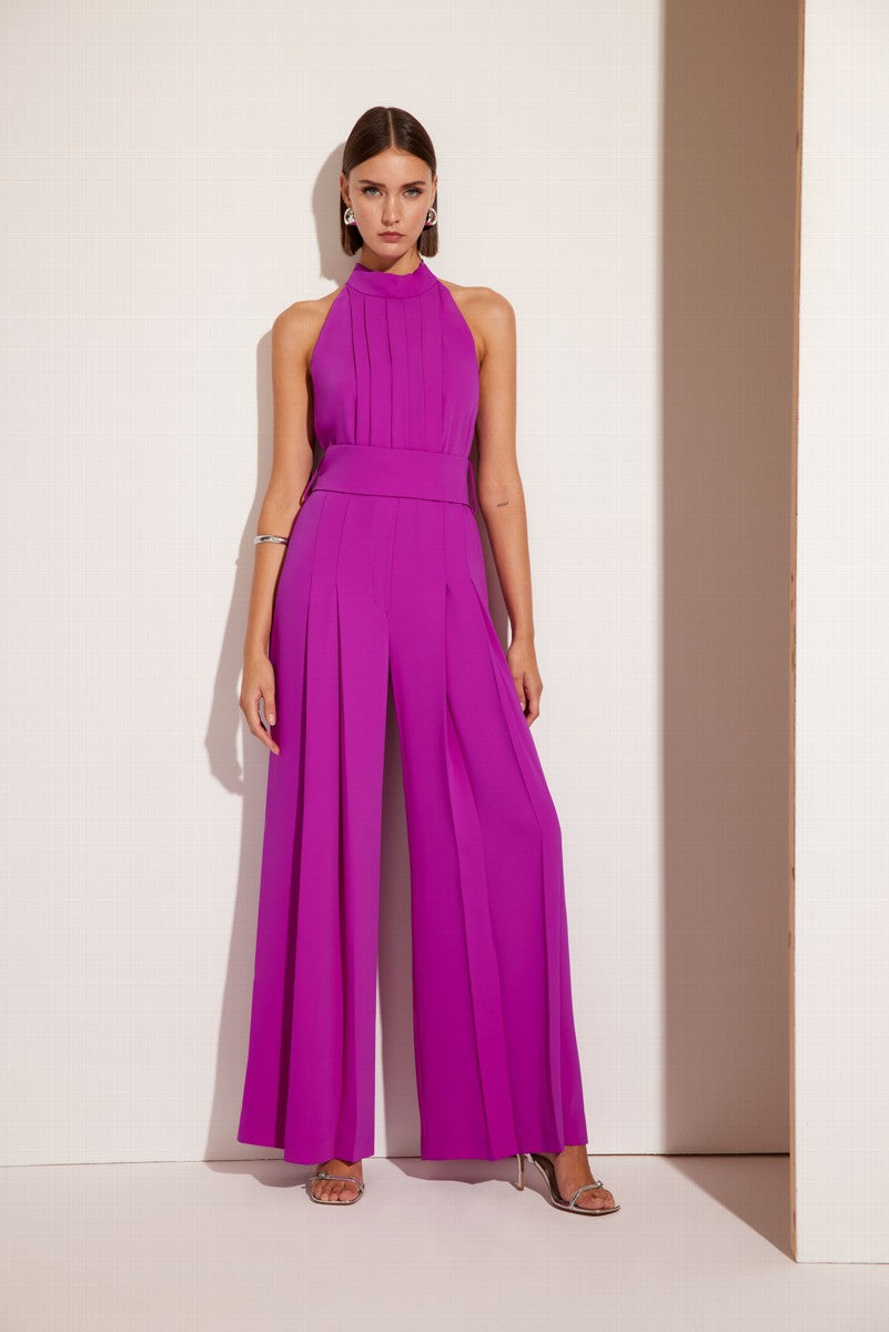 Mono largo plisado de escote Halter sin mangas con lazo anudado al cuello