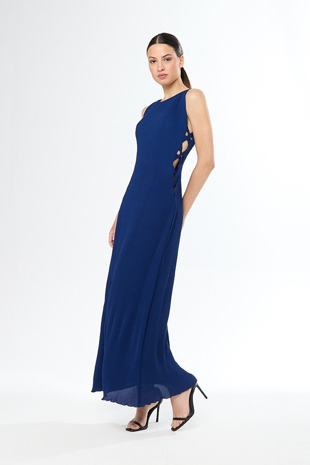 Vestido largo recto de cuello redondo sin mangas con tiras a los laterales