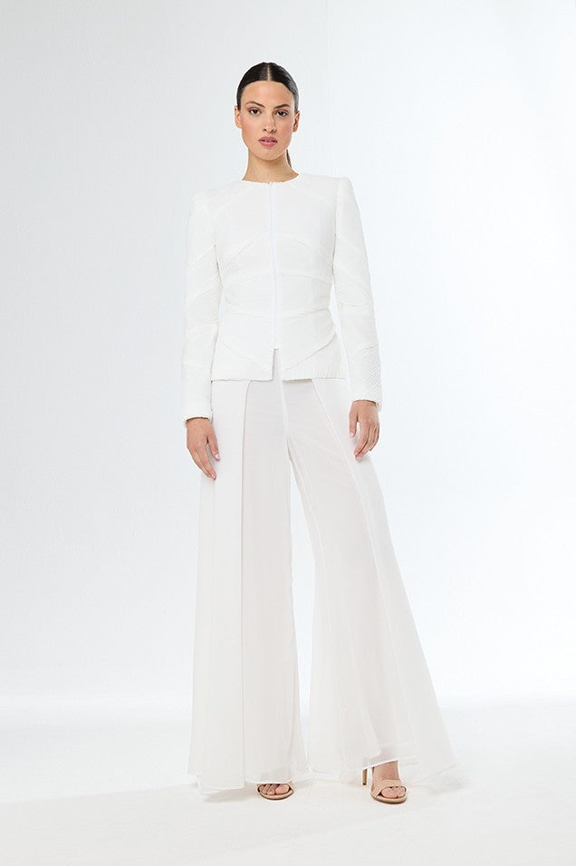 Conjunto de chaqueta manga larga con cremallera y pantalón largo plisado