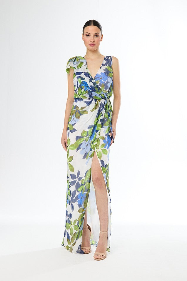 Vestido largo de flores cruzado de gasa con abertura y manga corta