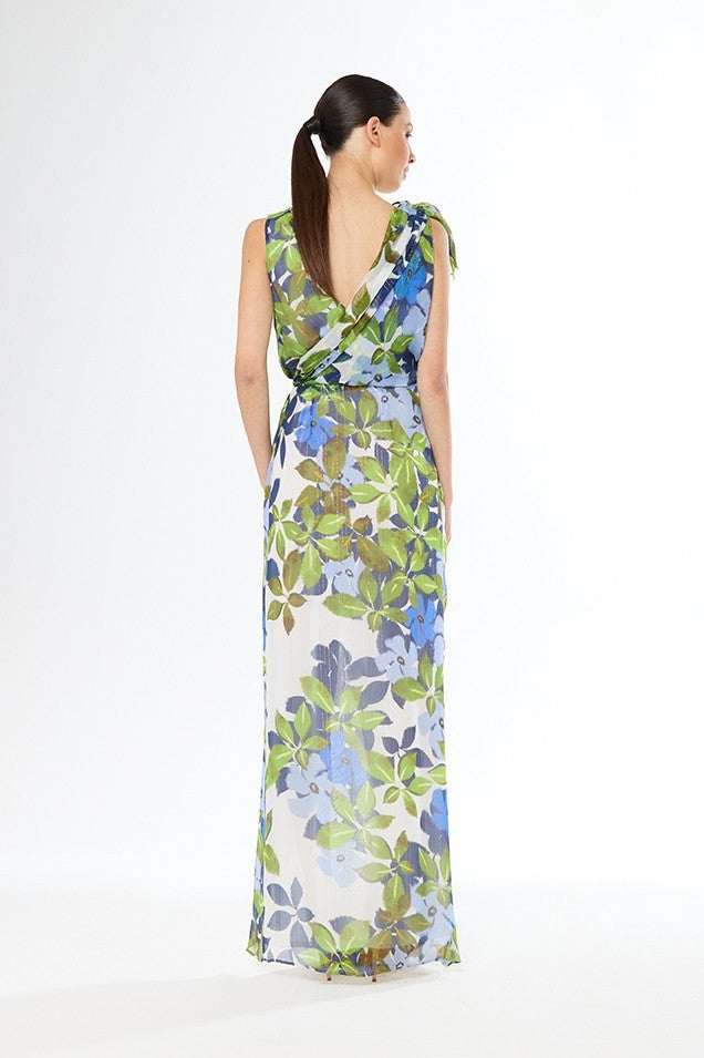 Vestido largo de flores cruzado de gasa con abertura y manga corta