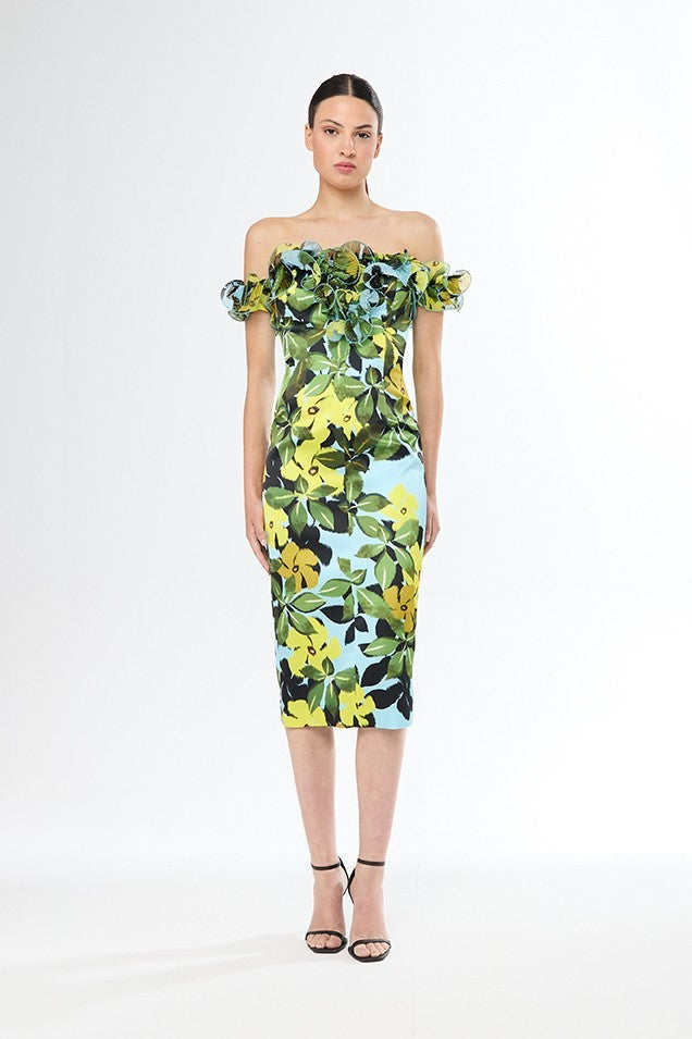 Vestido midi y recto de escote bardot de volantes y estampado floral