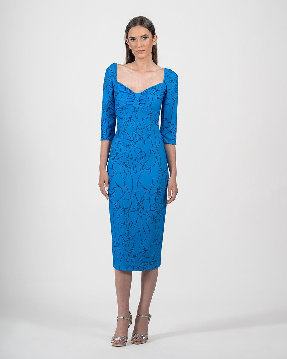 Vestido midi de tubo estampado con escote corazón fruncido y manga larga