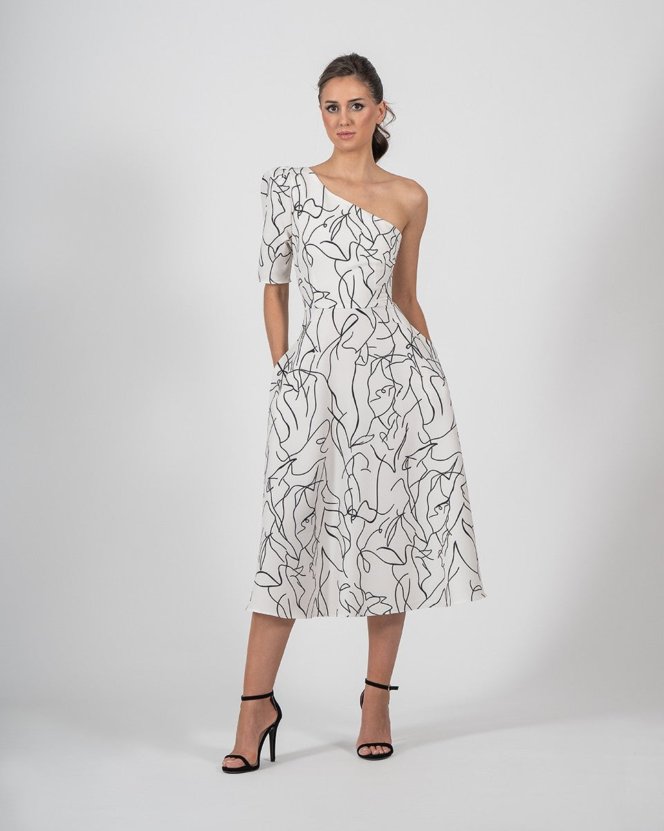 Vestido midi royal estampado de escote asimétrico y manga 3/4