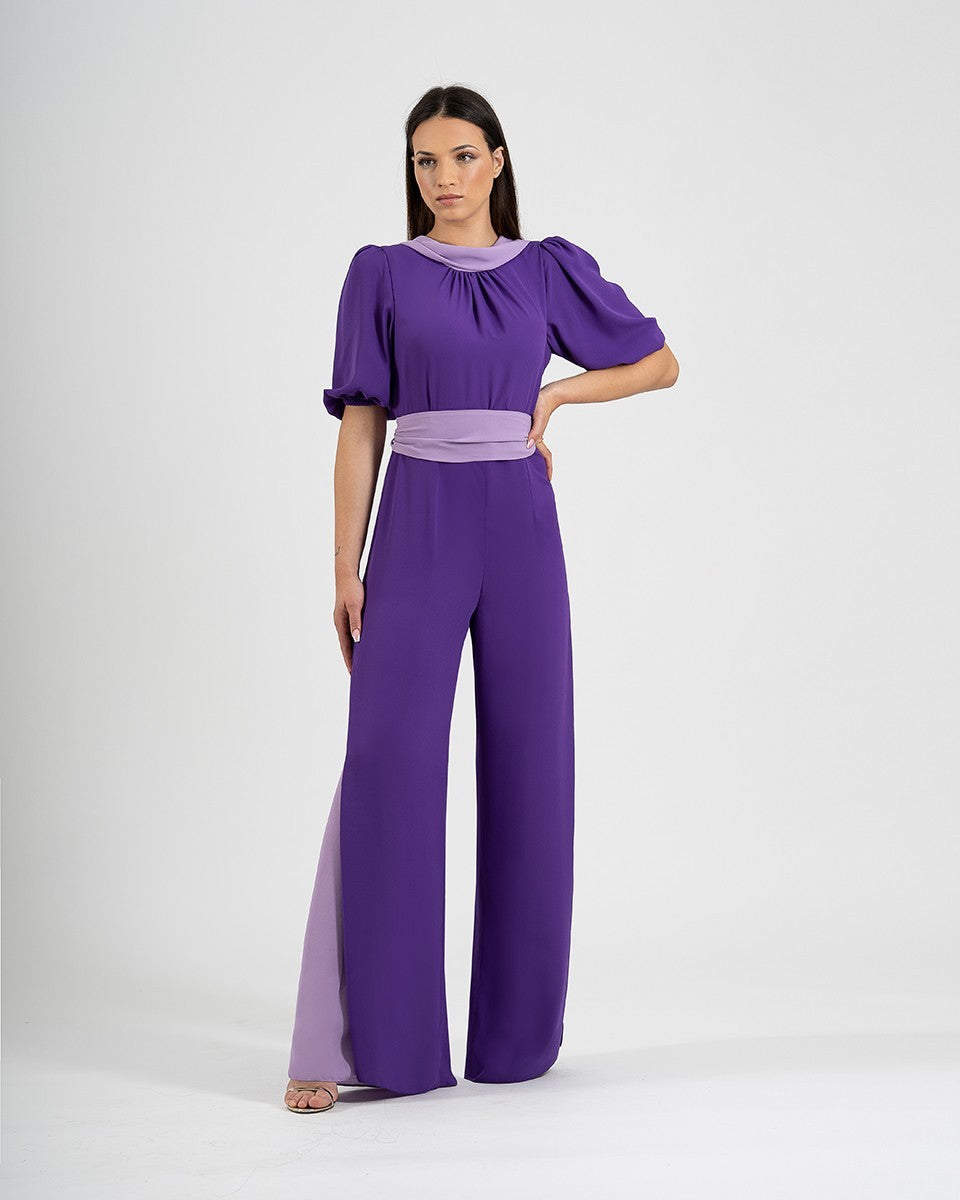 Langer zweifarbiger Chiffon-Overall mit Wasserfallausschnitt und Puffärmeln