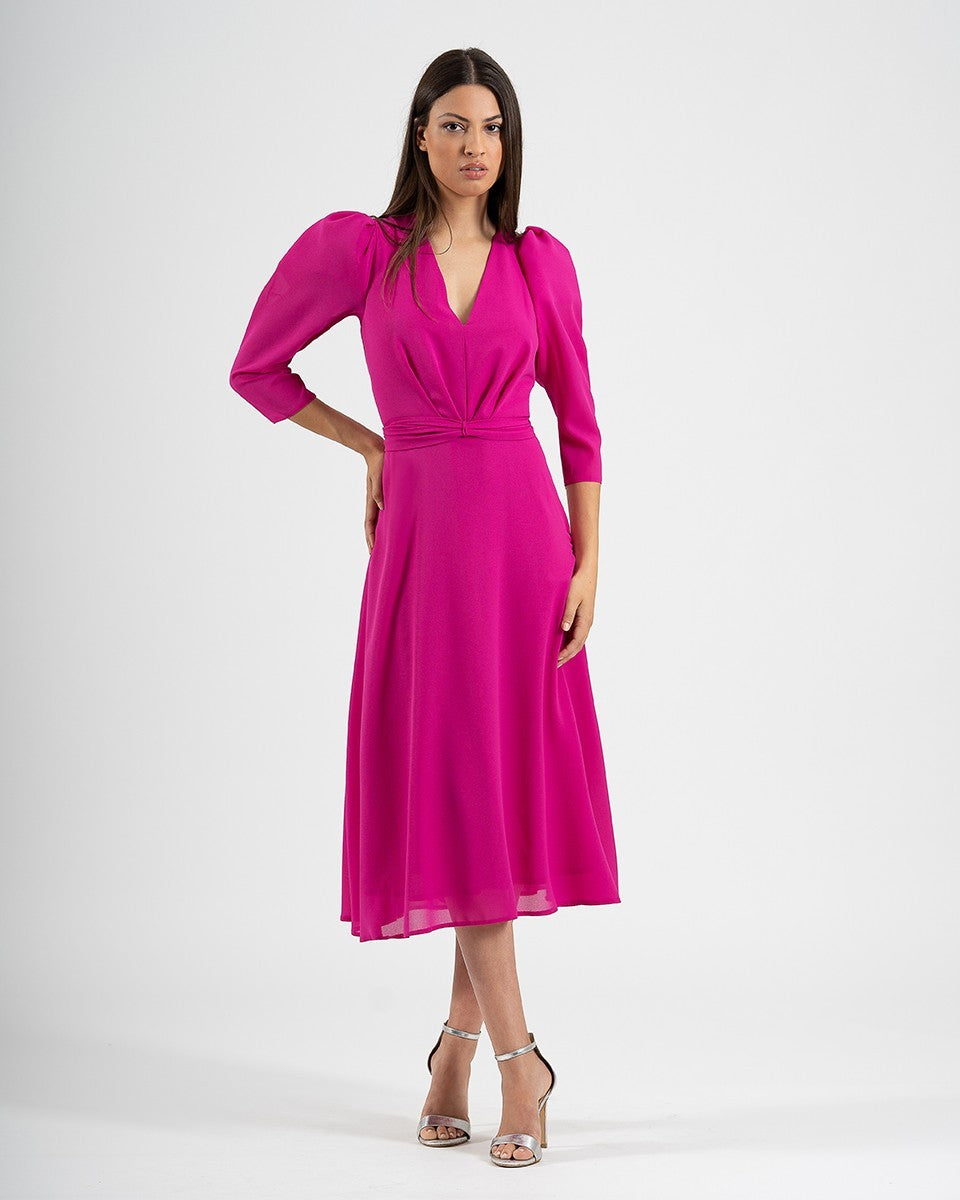 Vestido midi de gasa y crepe con plisado y manga gigot larga