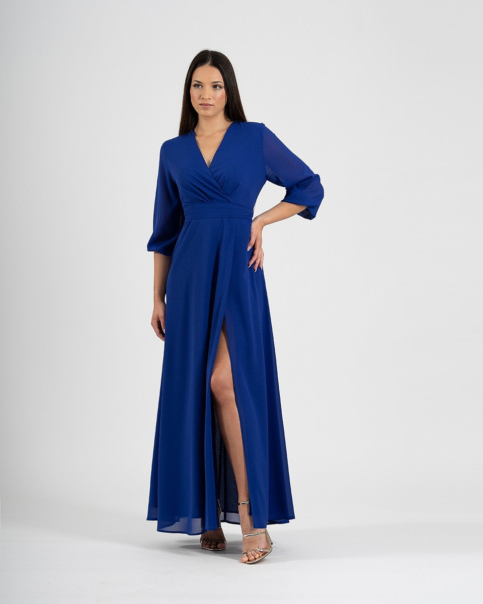 Vestido largo de gasa manga francesa con escote cruzado y abertura