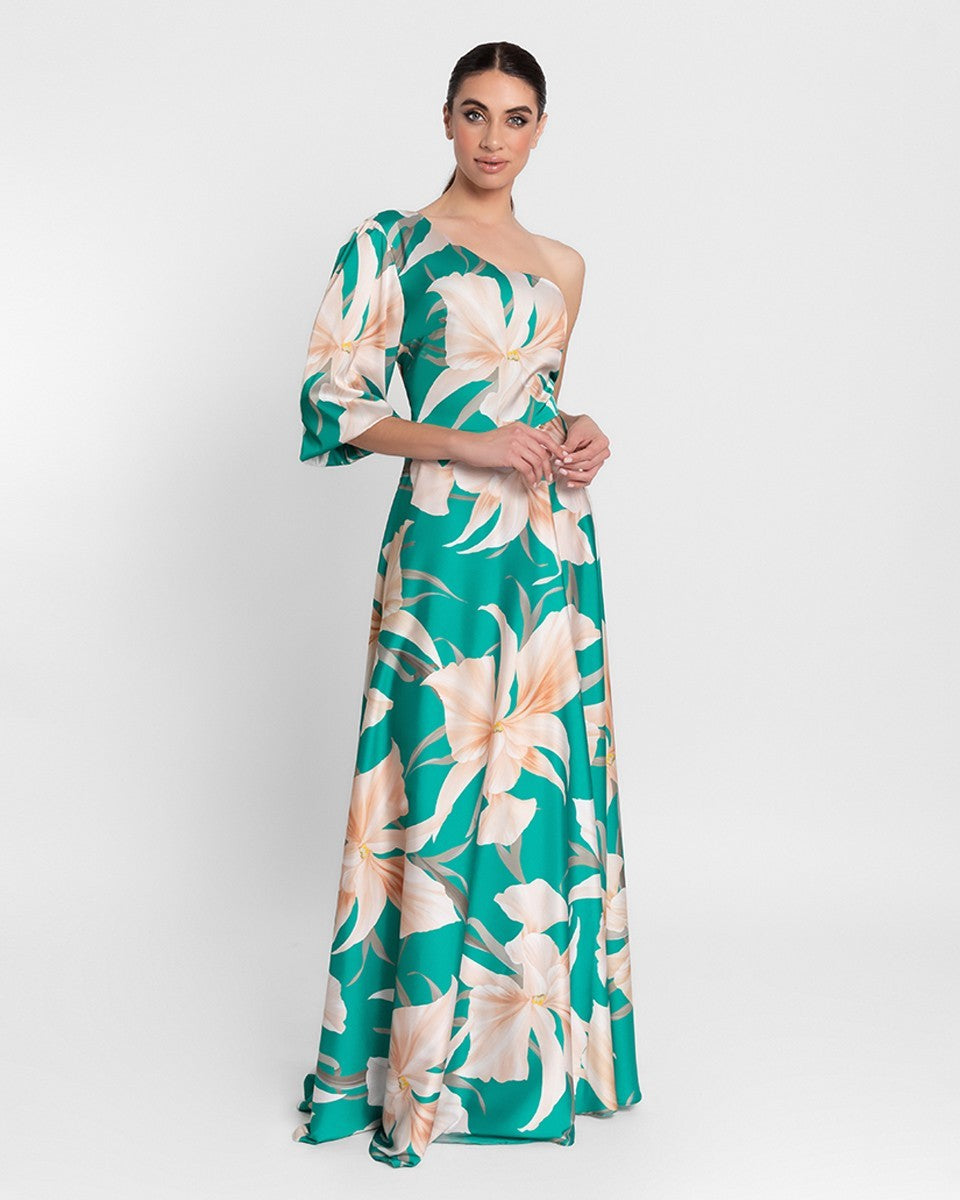 Vestido largo satén estampado asimétrico