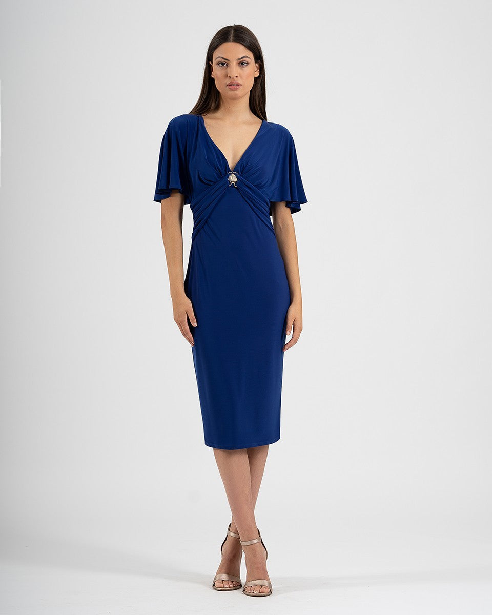 Vestido midi de punto manga de volantes con broche en escote y plisado