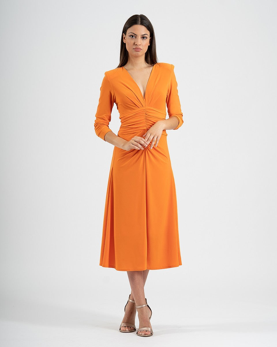 Vestido midi plisado de punto con escote en V y manga francesa