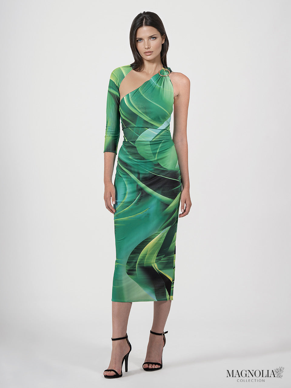 Vestido midi recto y estampado de punto con escote asimétrico y una manga