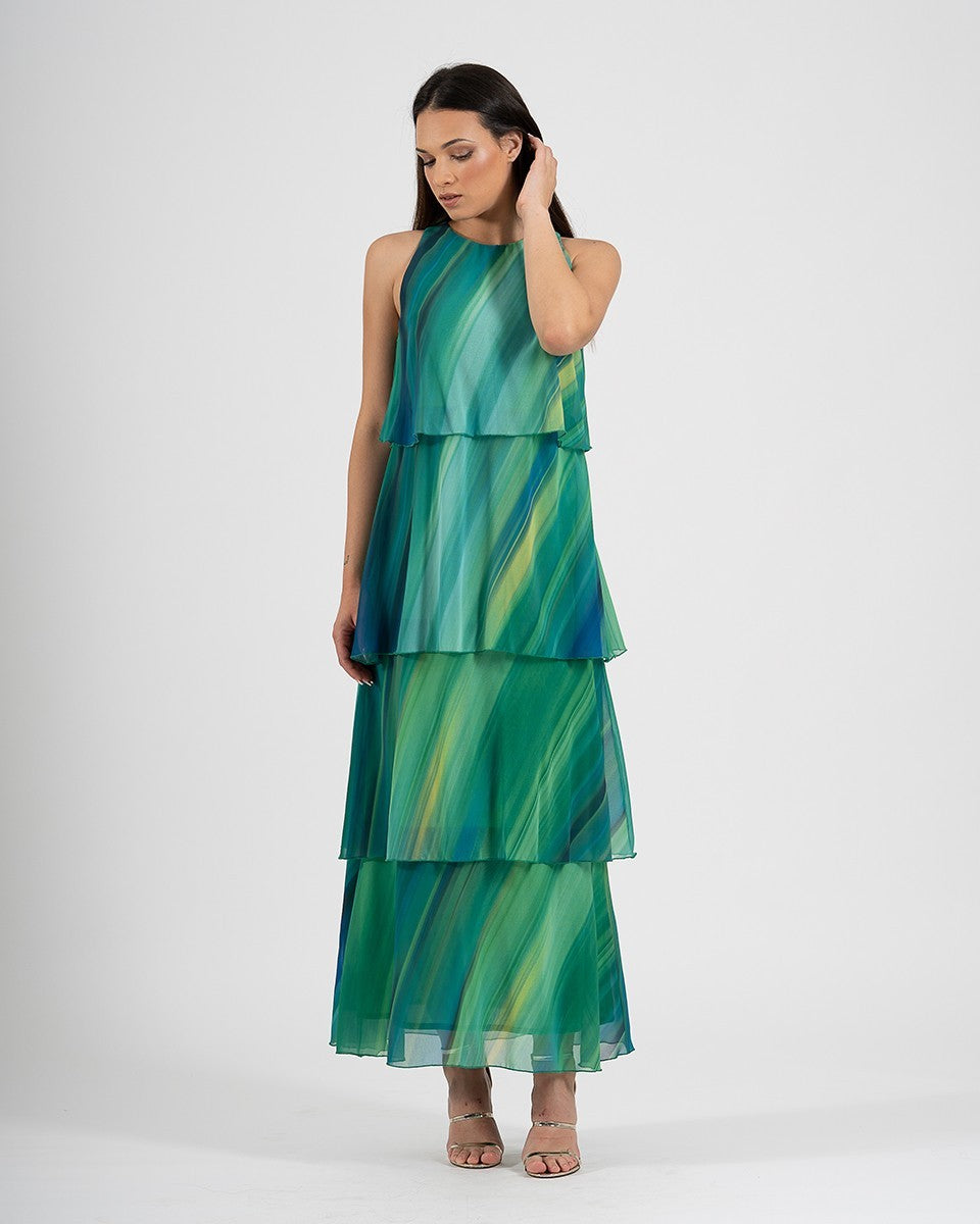 Vestido largo estampado en capas con cuello redondo y sin mangas