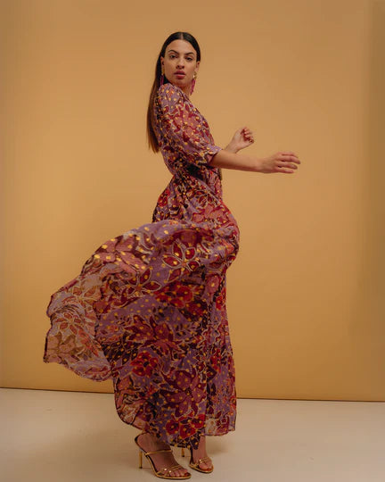 Vestido largo de Niza con escote en pico y lurex