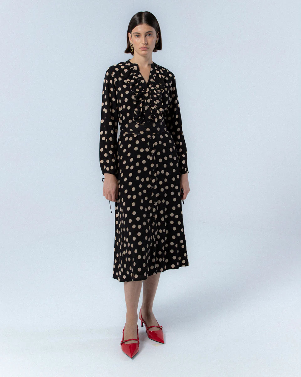 Vestido midi de lunares manga larga con volantes y escote en V