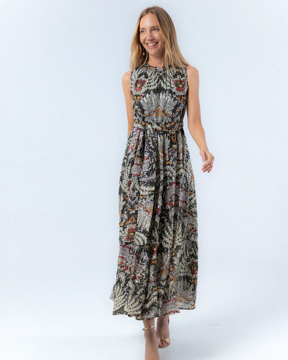 Vestido largo de estampado floral con lentejuelas y escote redondo sin mangas