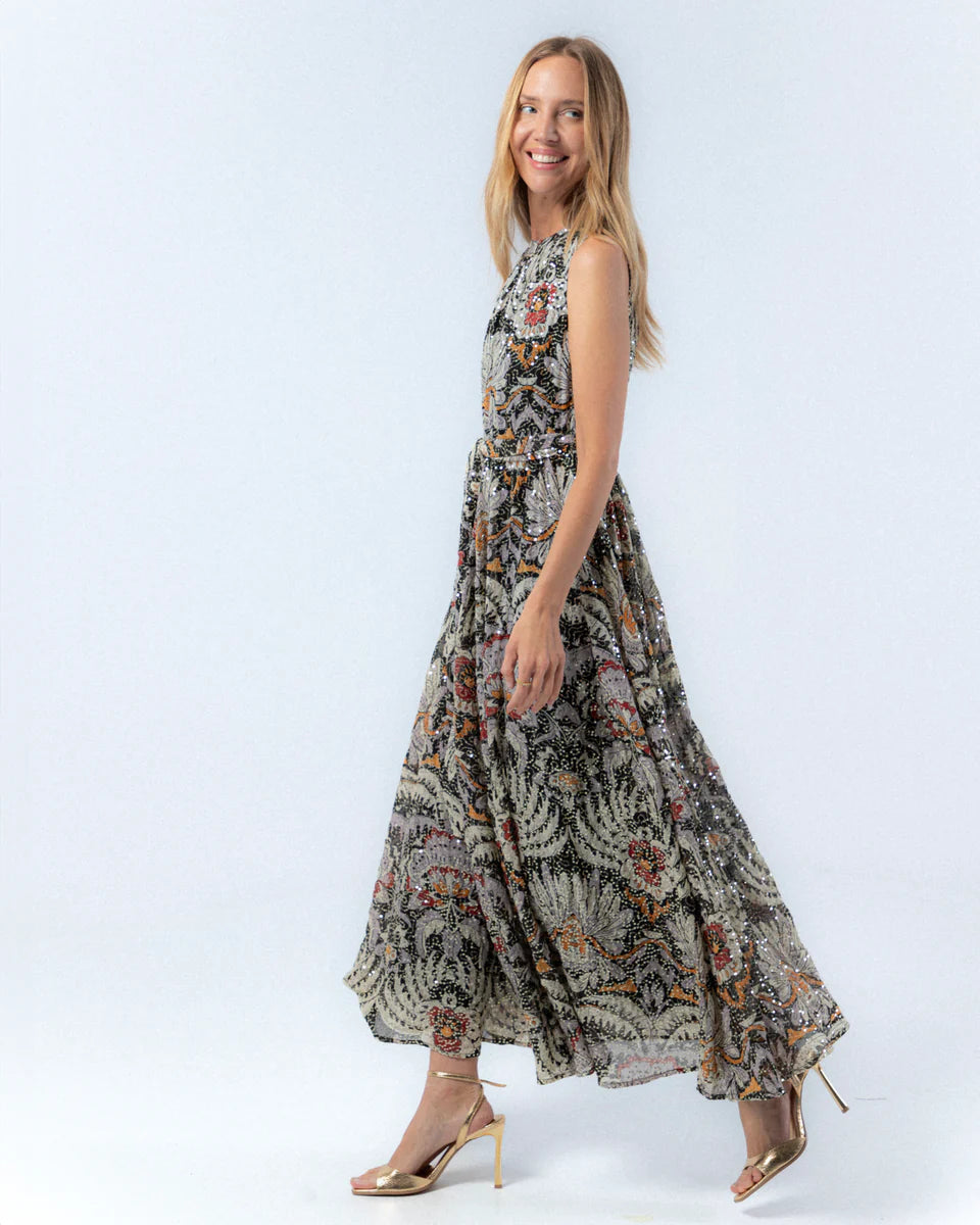 Vestido largo de estampado floral con lentejuelas y escote redondo sin mangas