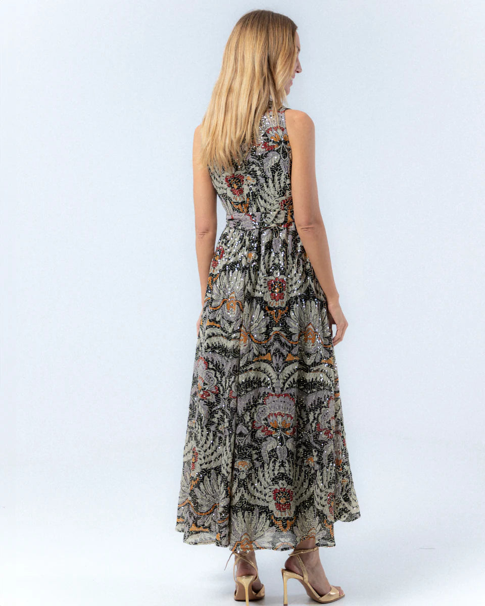 Vestido largo de estampado floral con lentejuelas y escote redondo sin mangas