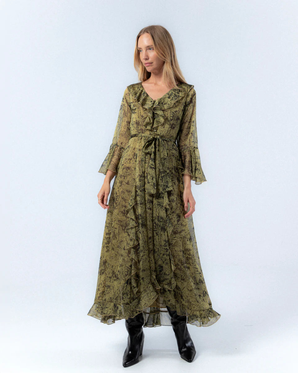 Vestido largo estampado de volantes con escote en V y lazada