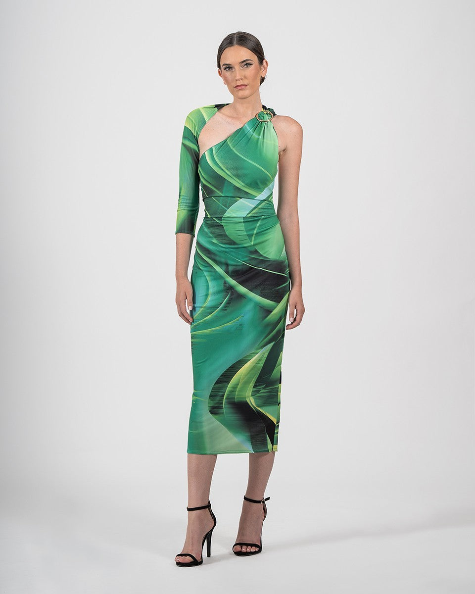 Vestido midi recto y estampado de punto con escote asimétrico y una manga