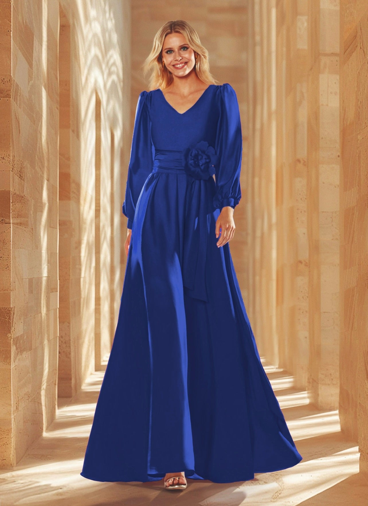 Vestido largo manga abullonada con escote en V y flor a la cintura