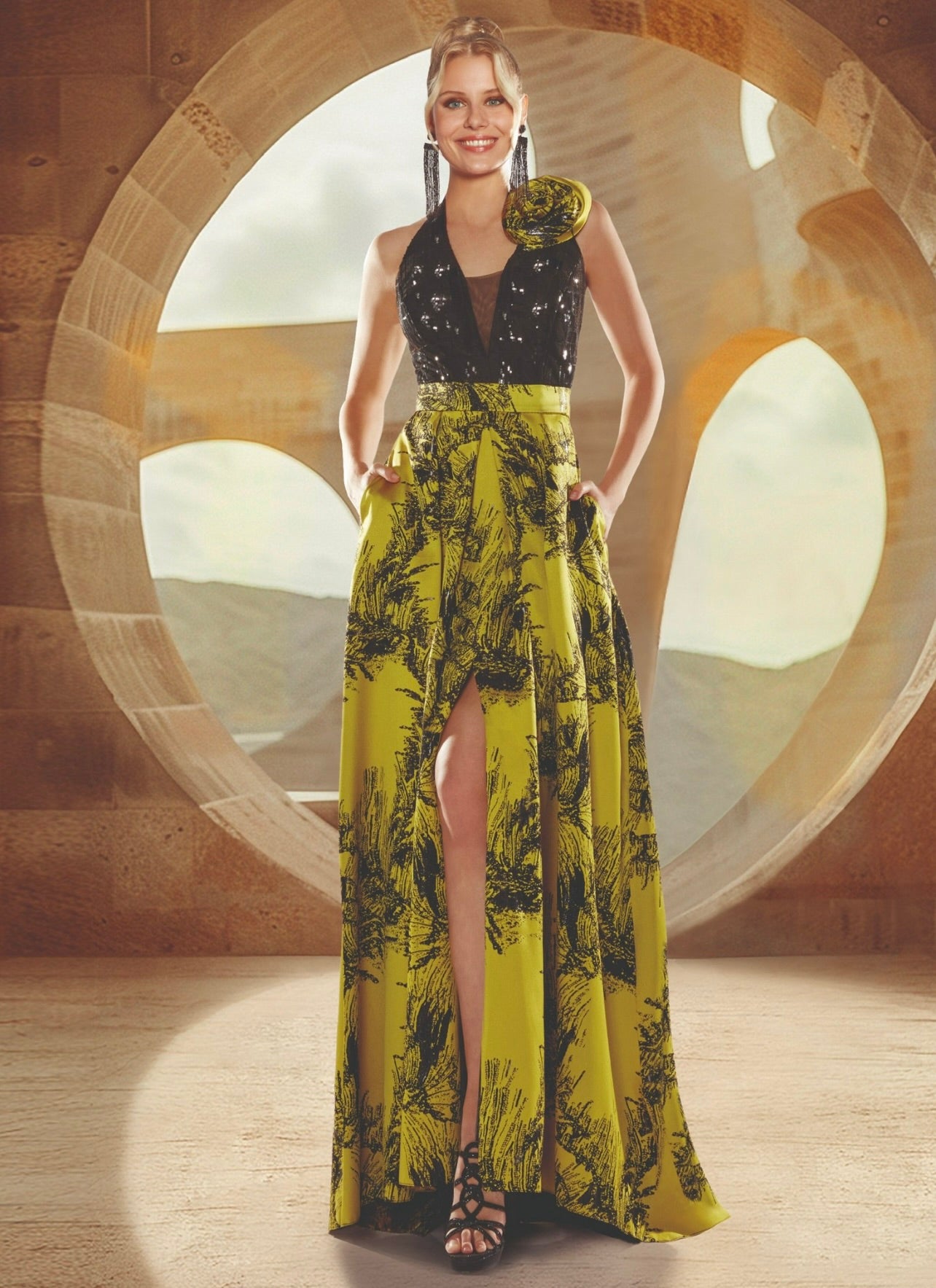 Vestido largo de escote profundo estampado con flor al hombro sin mangas