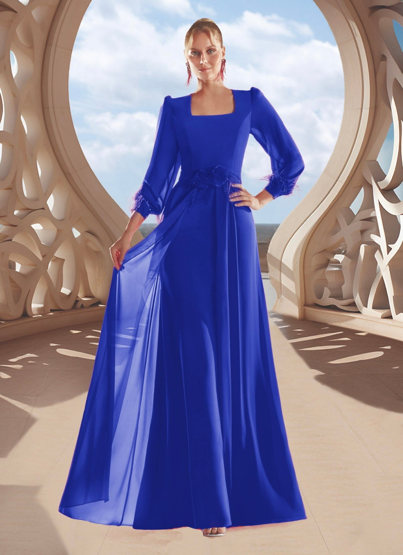 Vestido largo de escote cuadrado y manga abullonada con sobrefalda de gasa