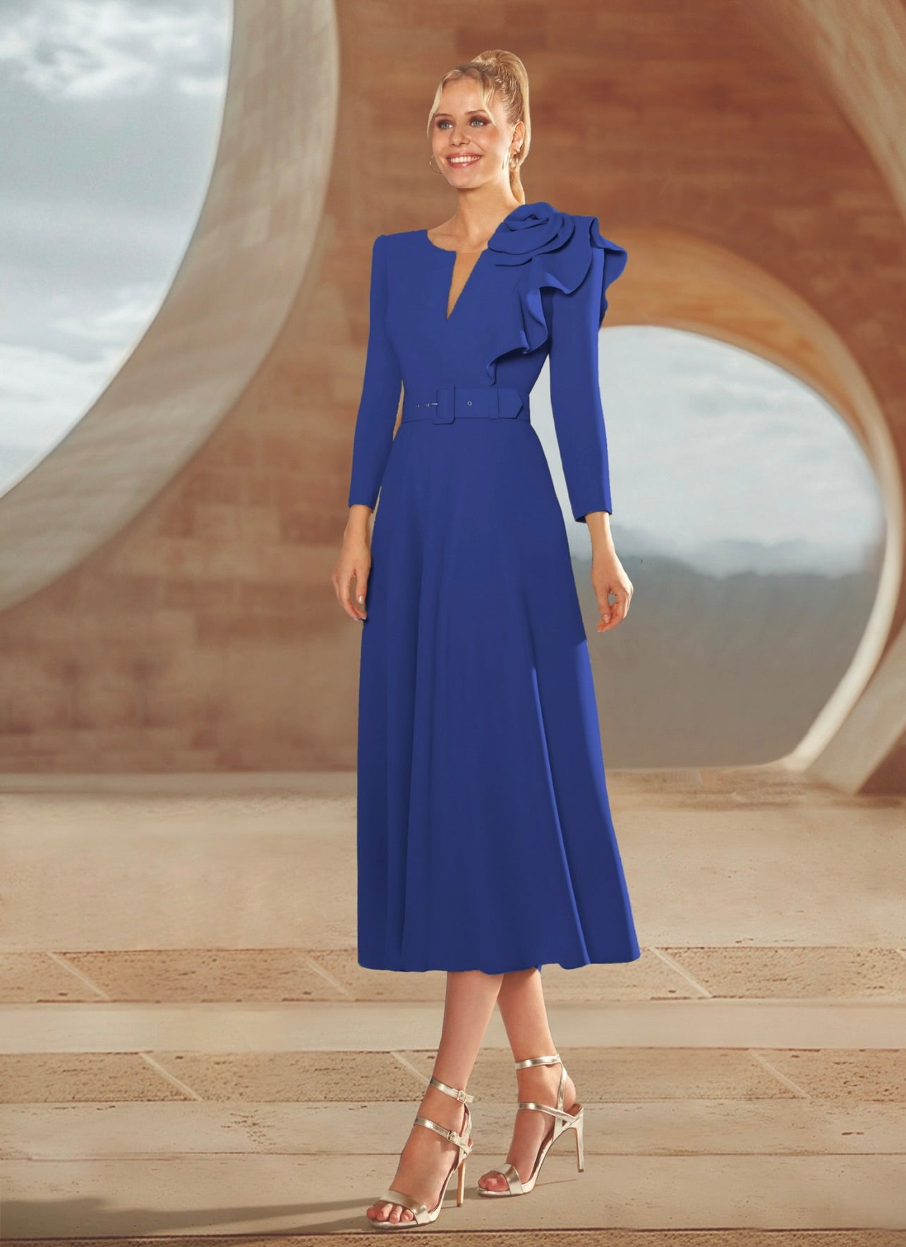 Vestido midi de volantes manga francesa con escote en V y cinturón