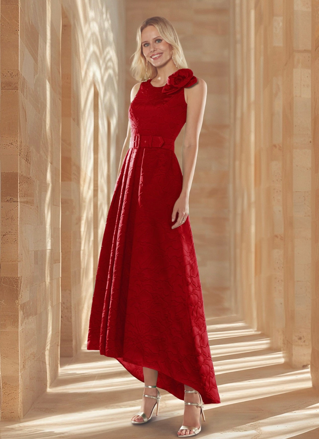 Vestido midi asimétrico jackard de flores sin mangas con cinturón