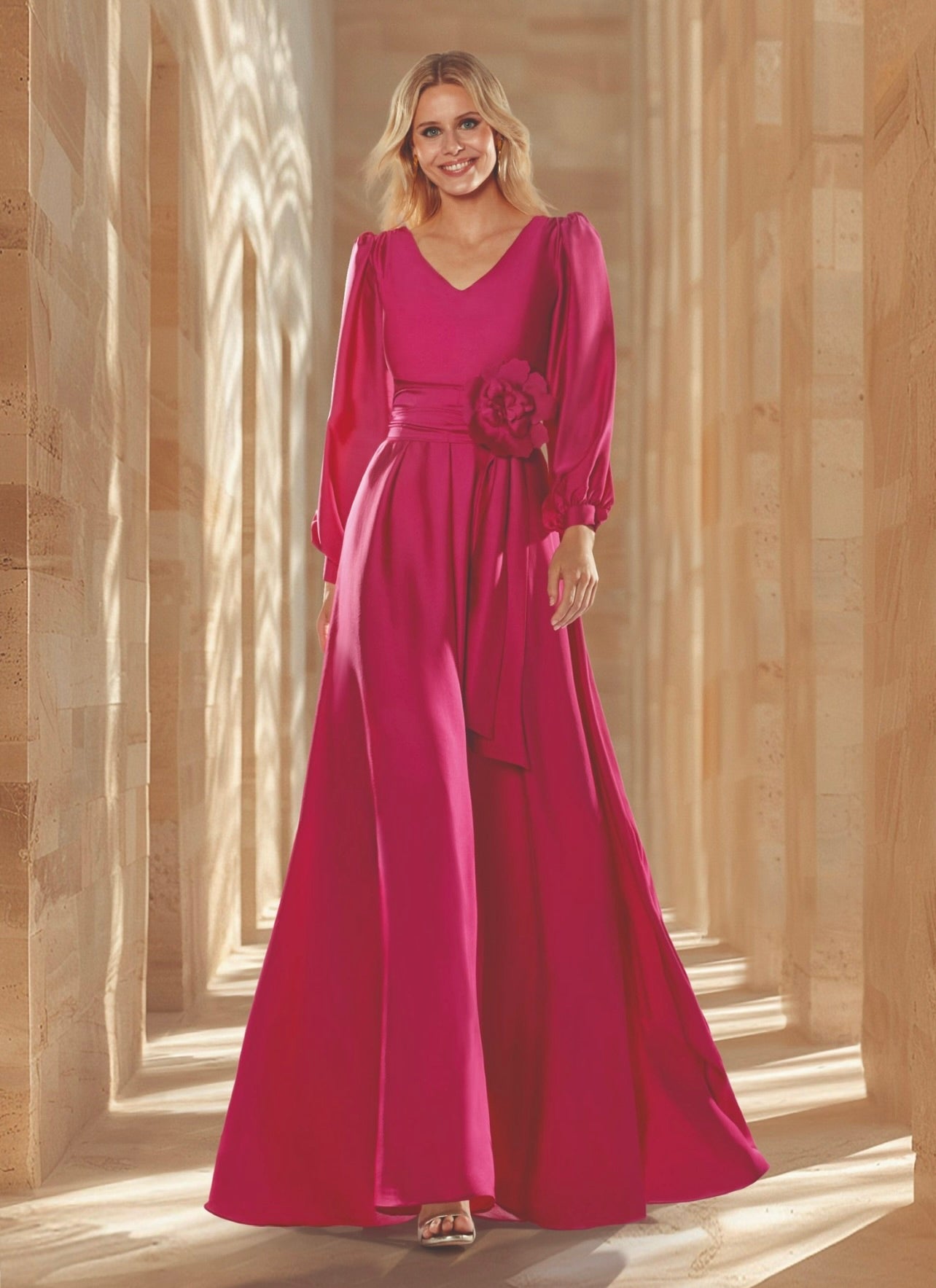 Vestido largo manga larga abullonada de escote en V y flor a la cintura